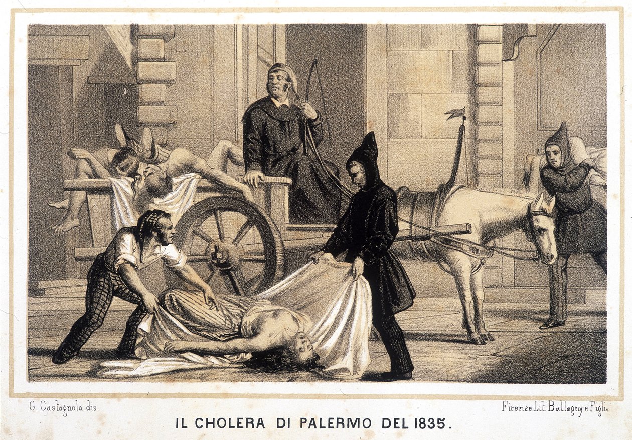 Wózek zabierający zmarłych podczas epidemii cholery w Palermo w 1835 roku. autorstwa Italian School