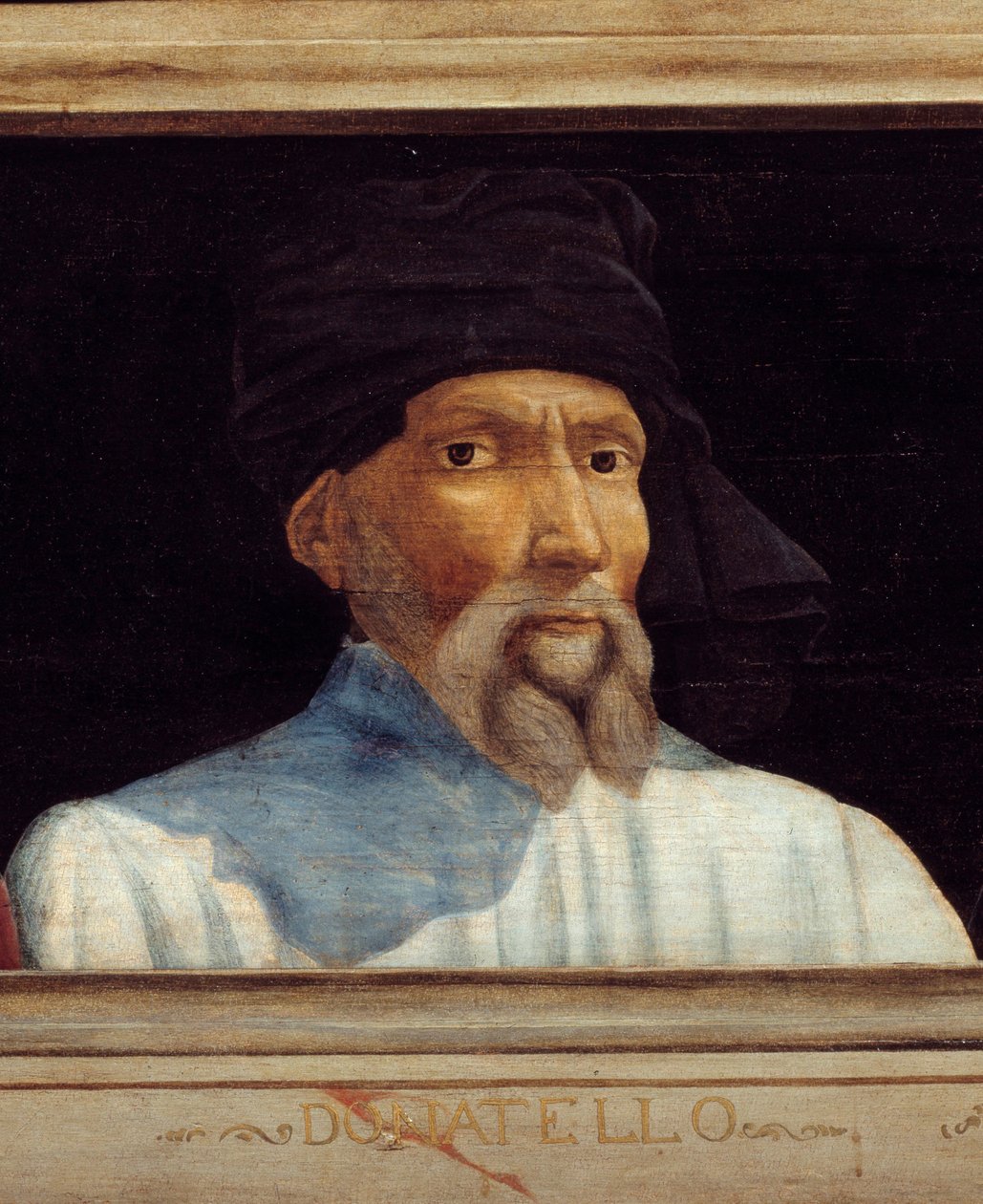 Cassone z 5 portretami mistrza florenckiego renesansu, detal z portretem Donatello (dit), Donato di Niccolo di Betto Bardi (1386-1466). Poniższy napis prawdopodobnie jest kolejny. Musee du Louvre, Paryż - Panel Cassone z f autorstwa Italian School
