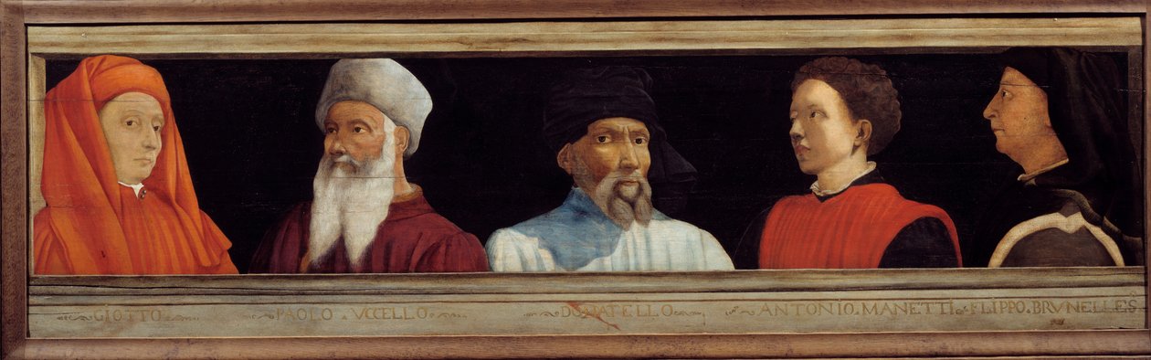 Cassone z 5 portretami Mistrza florenckiego renesansu (od lewej do prawej Giotto di Bondone, Paolo Uccello, Niccolo Donatello, Antonio Manetti, Filippo Brunelleschi). Szkoła włoska XVI wieku. Napis poniżej to chyba succ autorstwa Italian School