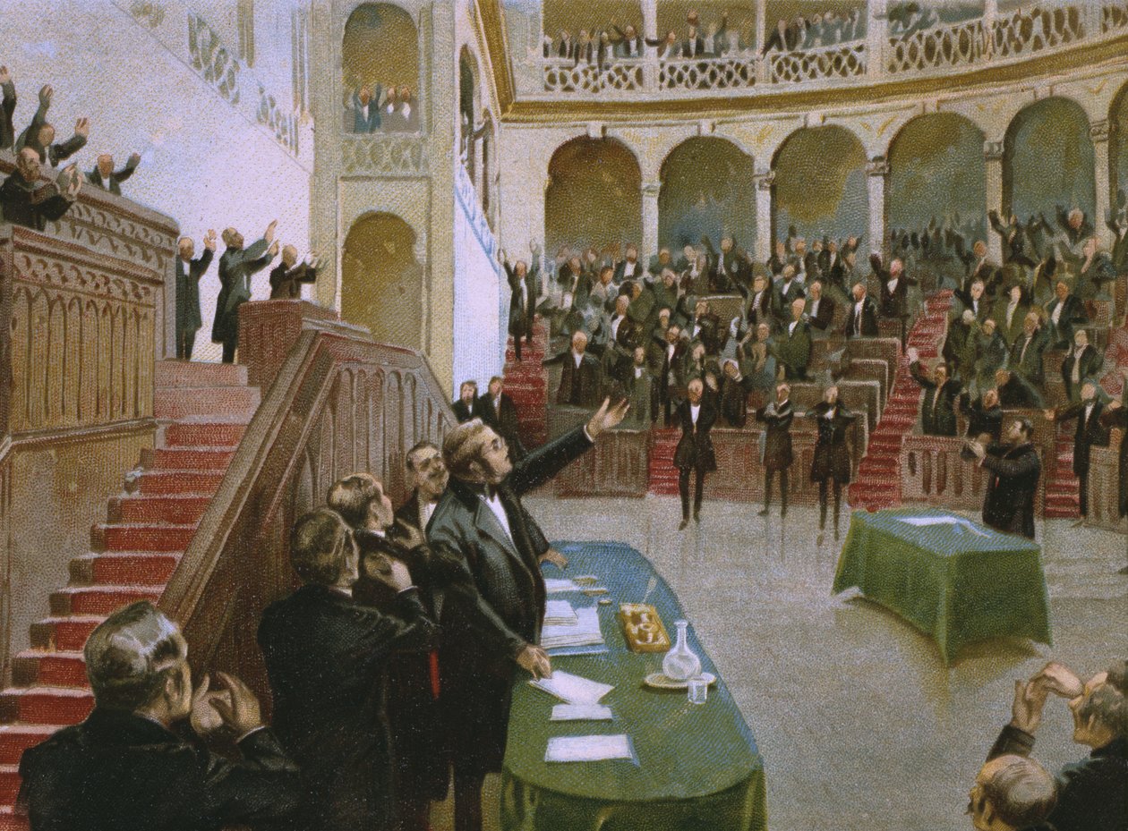 Cavour sprawia, że pierwszy włoski parlament narodowy oklaskiwa króla Wiktora Emanuela II (1820-78) 18 lutego 1861 roku, ilustracja z albumu poświęconego historii Risorgimento wykonanego dla czekolady autorstwa Italian School