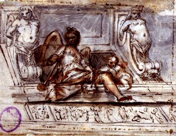 Projekt sufitu z muzą muzyki, ok. 1700 (pióro i tusz z akwarelą na papierze) autorstwa Italian School