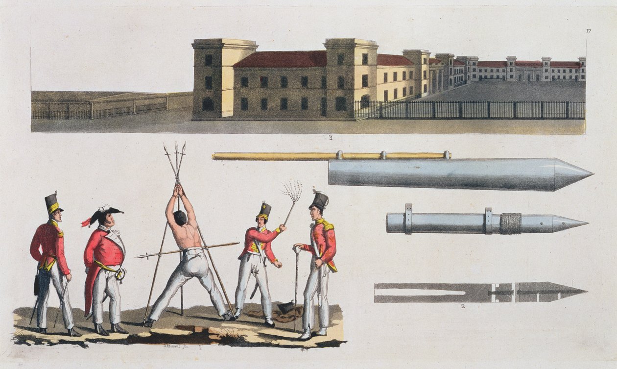 Chatham Barracks, kara wojskowa zwana Trójkątem i Congreve Rockets, płyta 17 z Historii Narodów (akwatinta) autorstwa Italian School