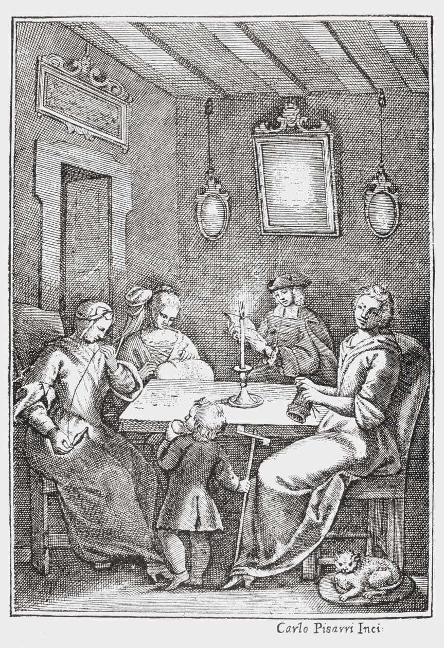 Chiaqlira czytająca bajki na przyjęciu szwalniczym, przednia okładka Pentameronu Giambattisty Basile, 1742 autorstwa Italian School