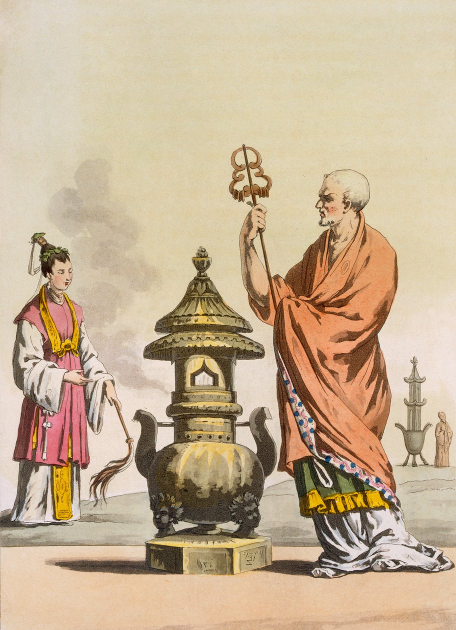 Chińskie taoistyczne zwyczaje religijne: Bonzo w ceremonialnych szatach, grawerowane przez Fumagallego i Bramattiego, ok. 1820-30 (kolorowe grawerowanie) autorstwa Italian School