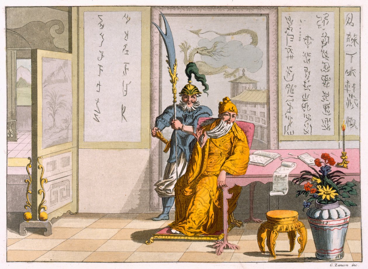 Chińscy taoistyczni przywódcy religijni: Boskość Kuan-ti, ryty przez Fumagallego i Bramattiego, ok. 1820-30 (kolor grawerowany) autorstwa Italian School