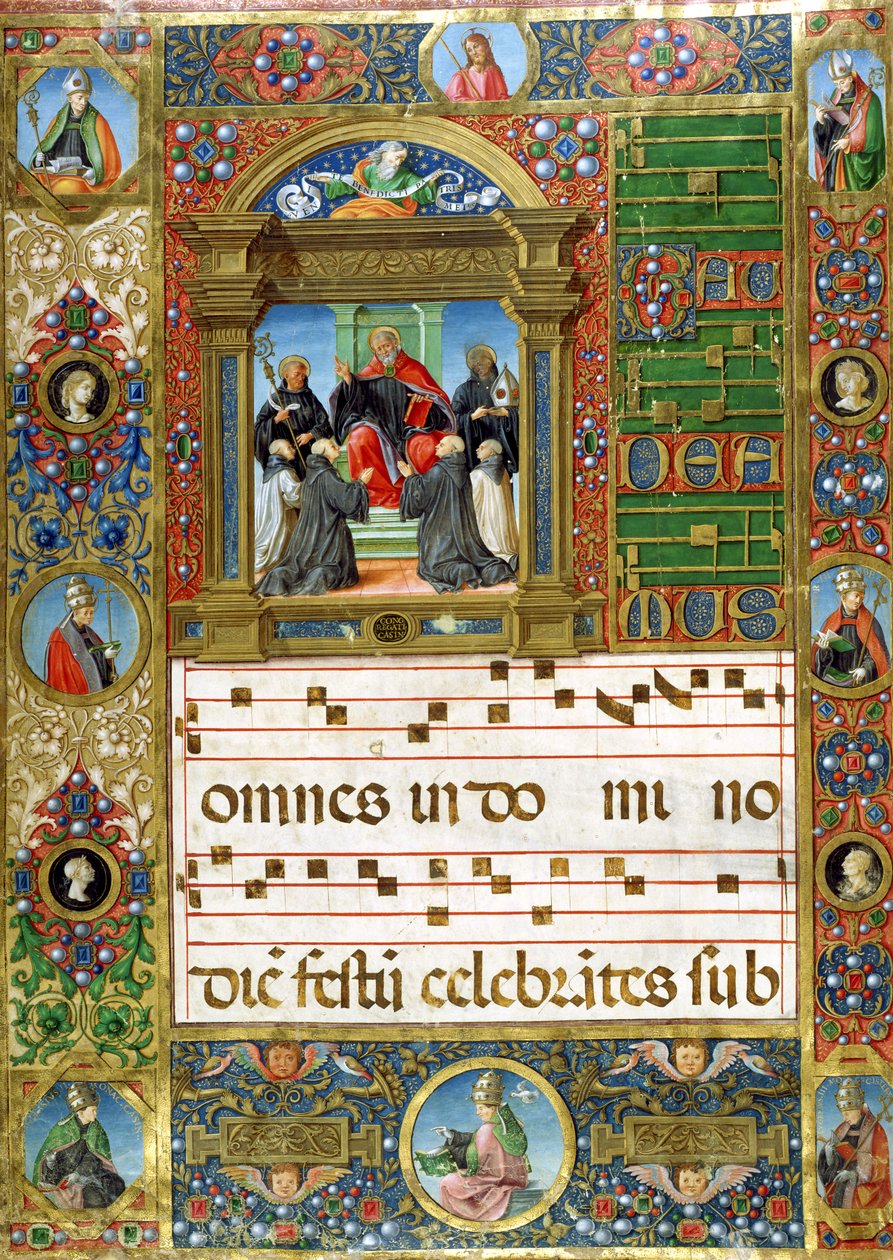 Miniatura chóralna z kazaniem św. Benedykta do mnichów (pigment na welinie) autorstwa Italian School