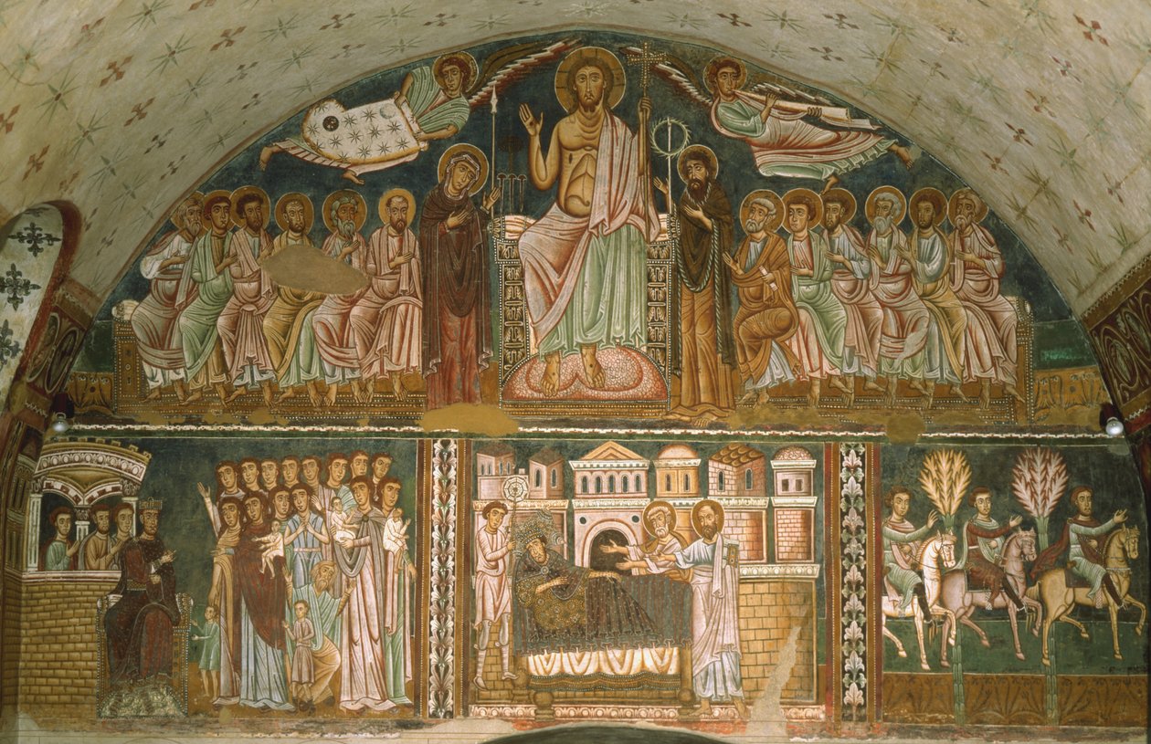 Chrystus na tronie między Dziewicą, Janem Chrzcicielem, Apostołami i dwoma Aniołami autorstwa Italian School