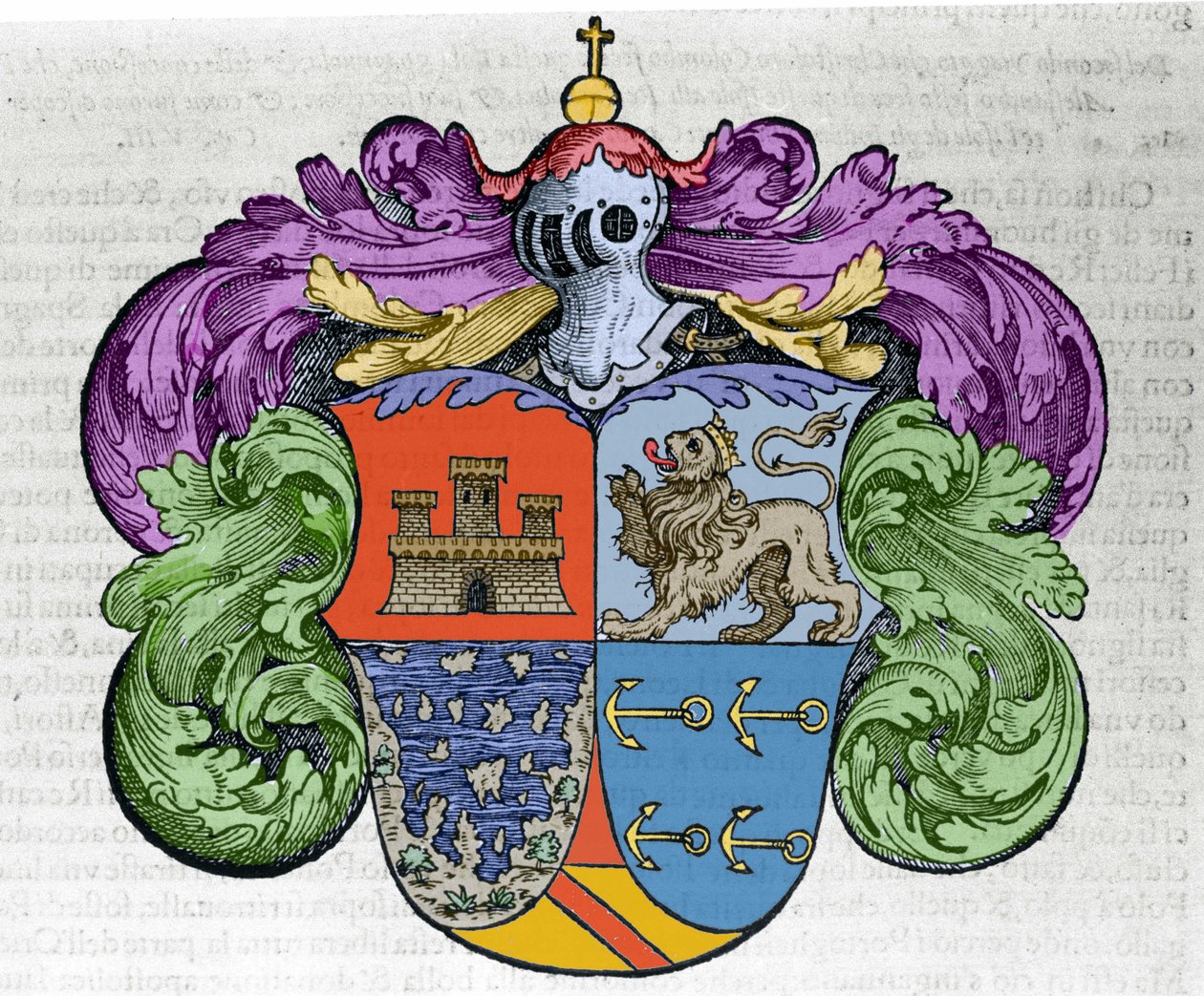 Herb nawigatora Krzysztofa Kolumba (1451-1506): cztery części ecu przedstawiają na szczycie miasta Kastylię i Leon, poniżej odsłoniętych wysp i symbolu kotwicy adoratora. Grawerowanie z książki „Nawigacjai i Viaggi”” autorstwa Italian School