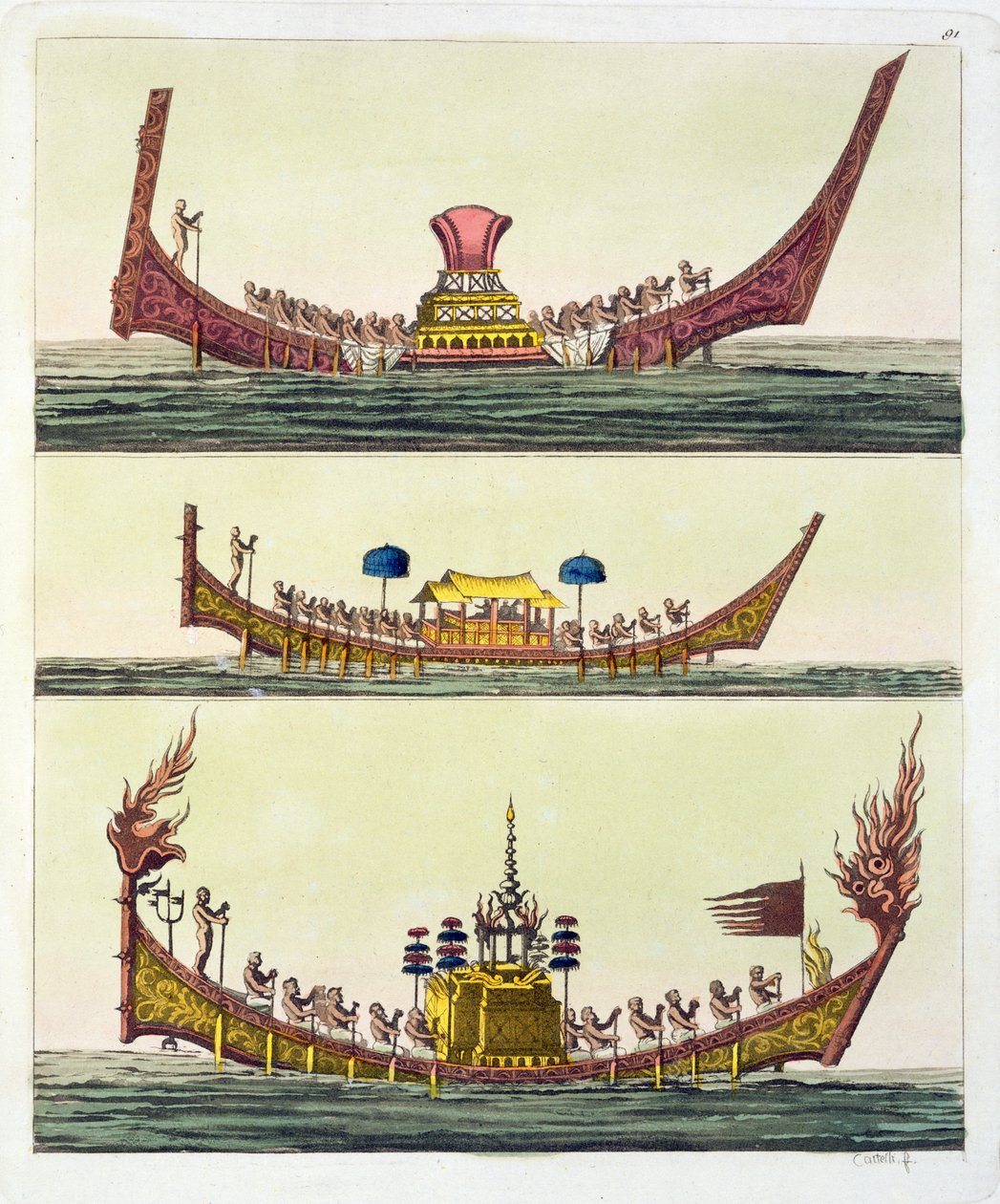 Chińskie okręty Cochin, ilustracja z Le Costume Ancien et Moderne autorstwa Giulio Ferrario, wydana ok. 1820-30 autorstwa Italian School