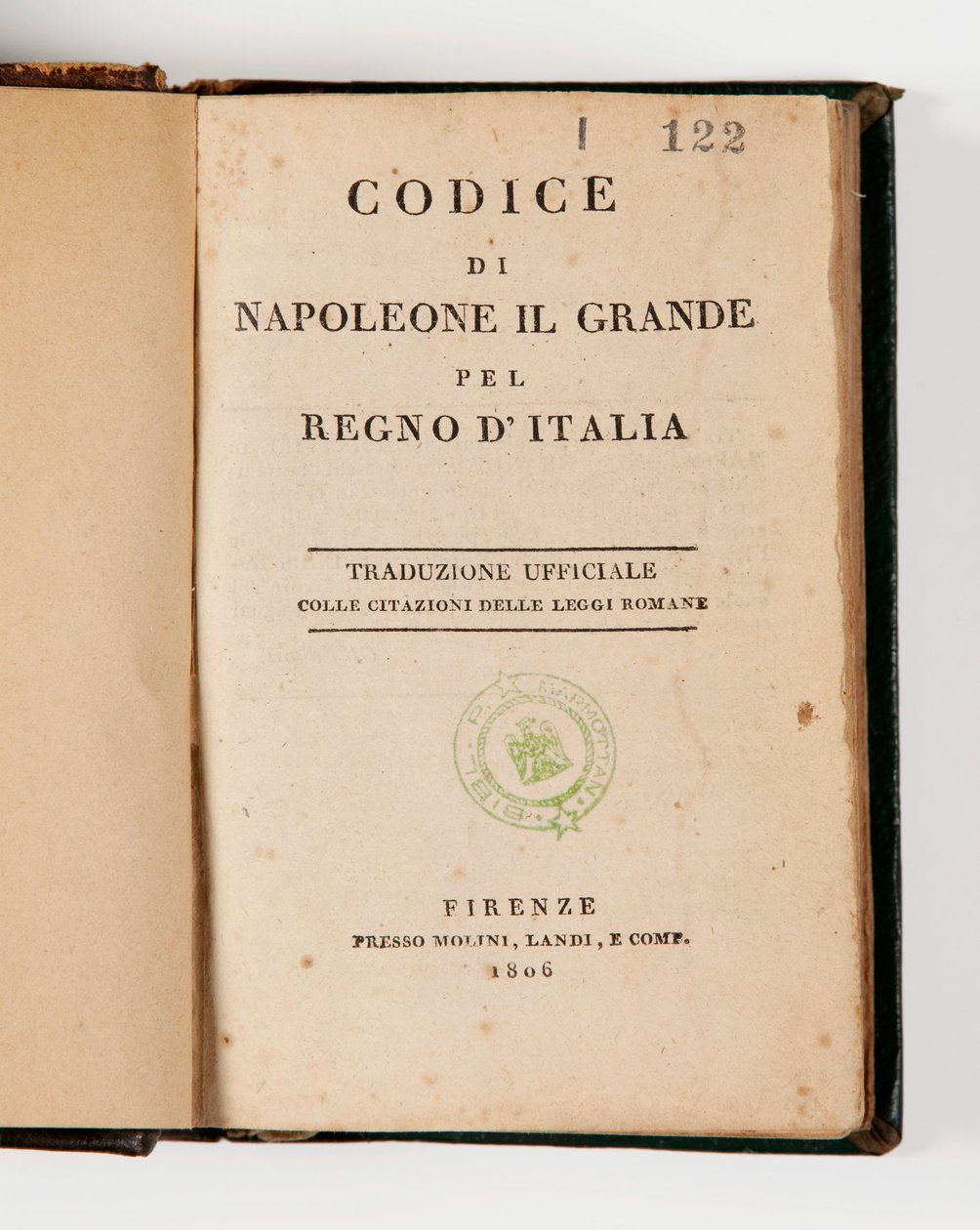 Kodeks Napoleona Wielkiego dla Królestwa Włoch, otwarty na stronie tytułowej, opublikowany Firenze, Molini, Landi et Cie, 1806 (papier drukowany) autorstwa Italian School