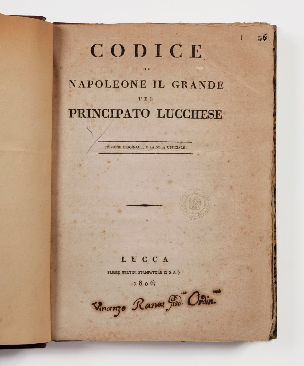 Kodeks Napoleona Wielkiego dla księstwa Lucca, pierwsze oficjalne wydanie, Lucca, Presso Bertini, 1806 oraz kodeks wiejski dla księstw Lucca i Piombino, Lucca, ks. Bertiniego, 1807 autorstwa Italian School