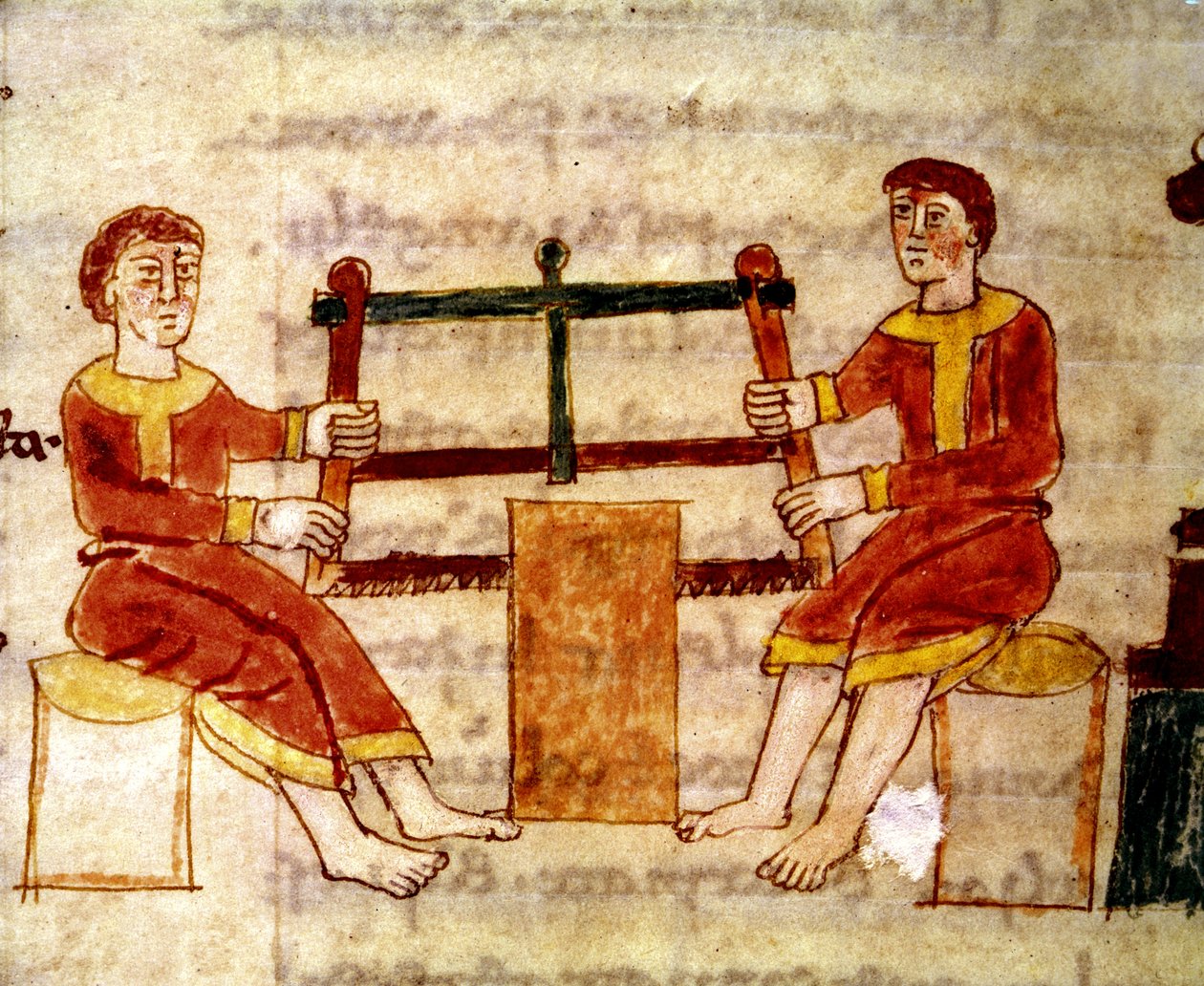 Codex 132 Livre 14 Rozdział 25 Dwóch mężczyzn piłujących drewno, z De Universo autorstwa Rabanus Maurus (c.780-856) 1023 autorstwa Italian School