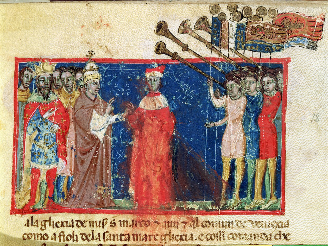 Codex Correr I 383 Doge Sebastiani Ziani otrzymuje petycję od papieża Aleksandra III (1159-81) i cesarza Fryderyka Barbarossy (ok.1123-90) autorstwa Italian School