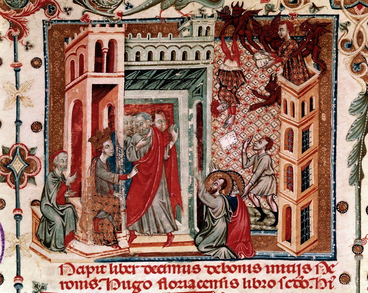 Codices Cavenses, Cod.25 f.181, Szymon Mag, Cesarz Neron i Apostołowie, miniatura ze Speculum Historiale, część I, Vincenta de Beauvais, c.1320 (tempera na welinie) autorstwa Italian School