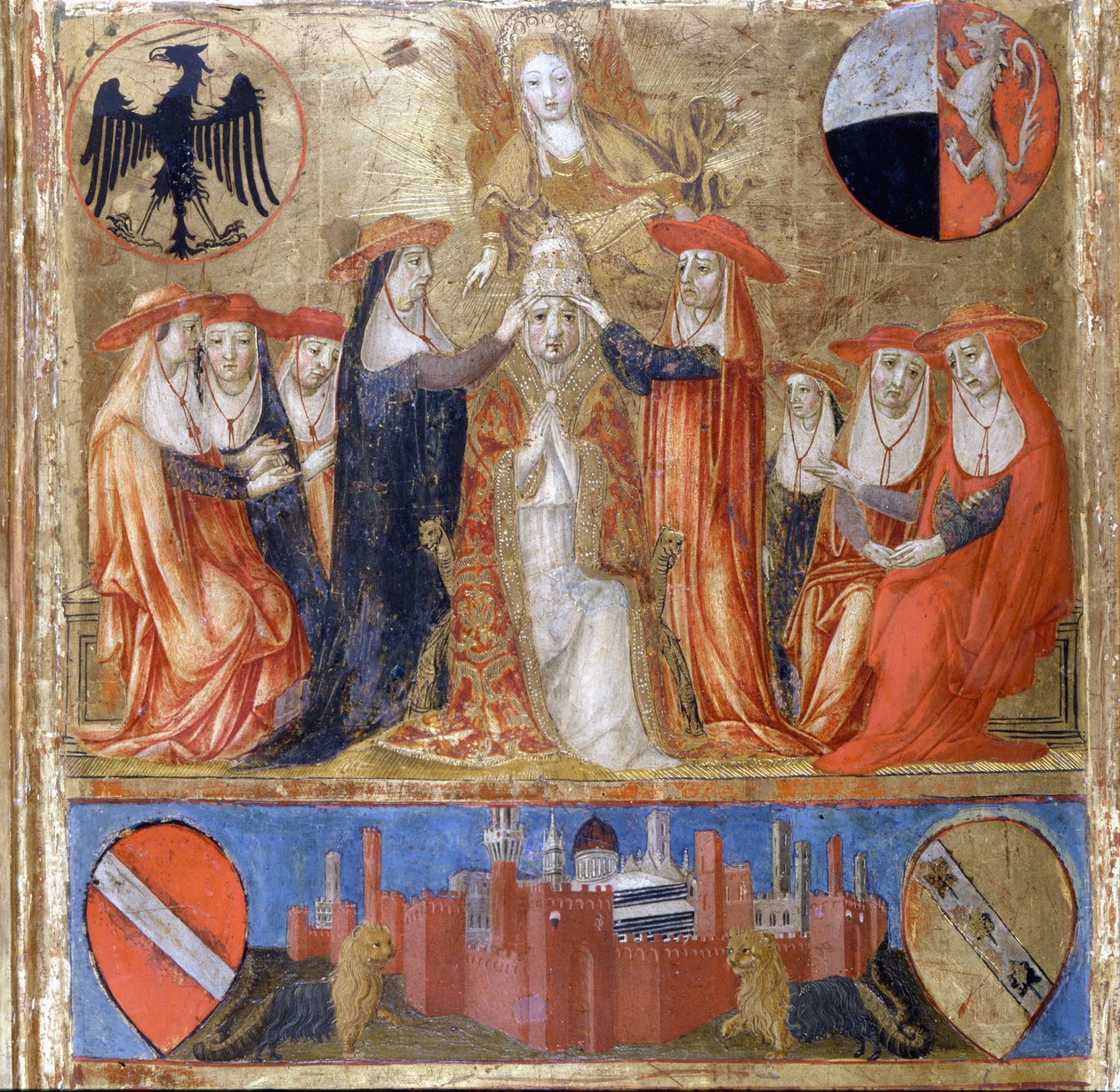 Koronacja Piusa II (Enea Silvio Piccolomini) (1405-1464). Papież Włoch (1458-1464). Na dole znajduje się ufortyfikowane miasto Siena. Bicherna (okładka księgi rachunkowej miasta Sieny) z 1460 r. Archiwum Narodowe - Museo delle Tavolette de B autorstwa Italian School