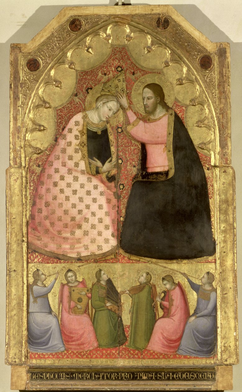 Koronacja Matki Boskiej, ołtarz z panelem predella z aniołami grającymi na instrumentach muzycznych, Florentine (panel) autorstwa Italian School
