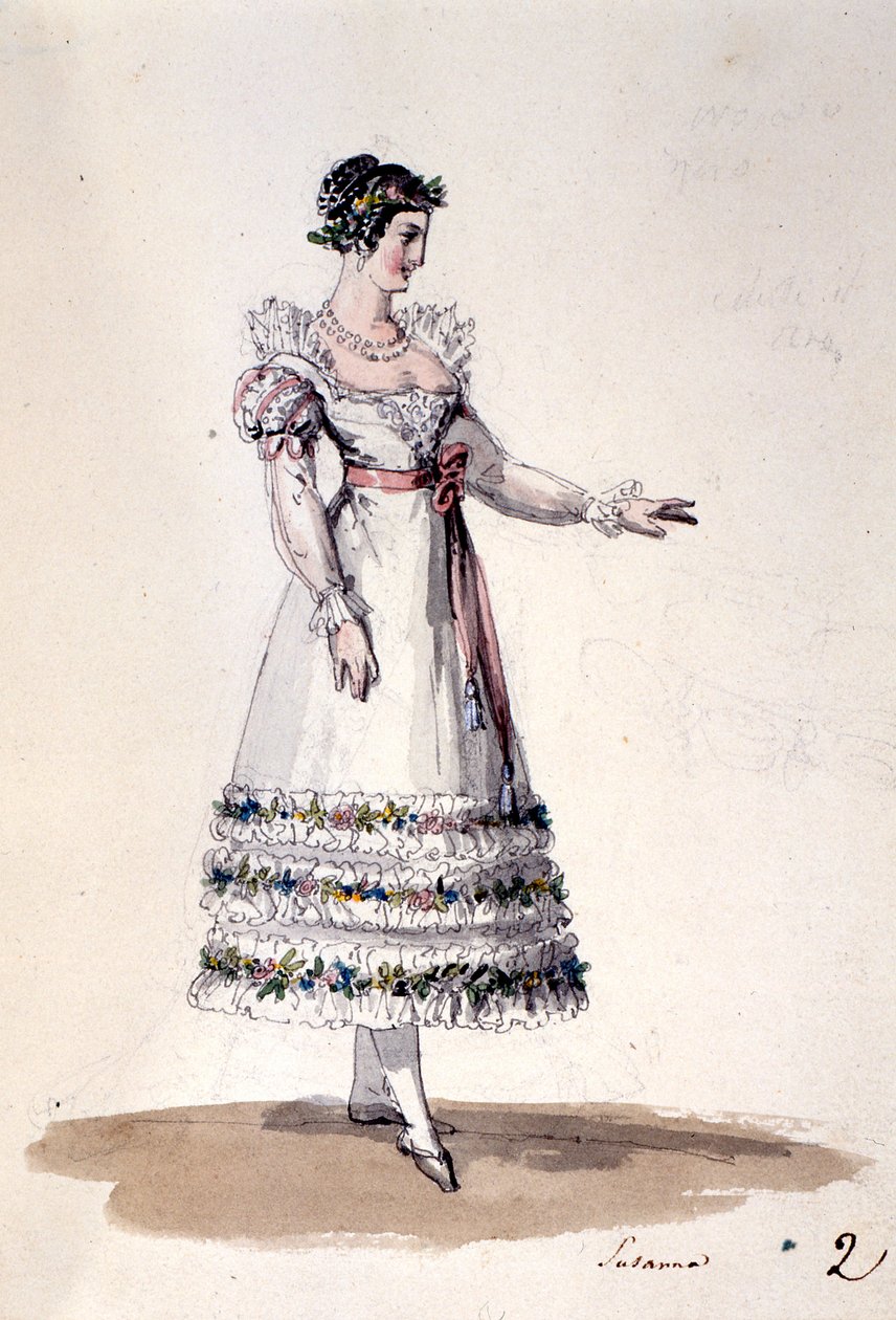 Projekt kostiumu dla Zuzanny z „Wesela Figara” Wolfganga Amadeusza Mozarta, ok.1880 (kolor lito) autorstwa Italian School