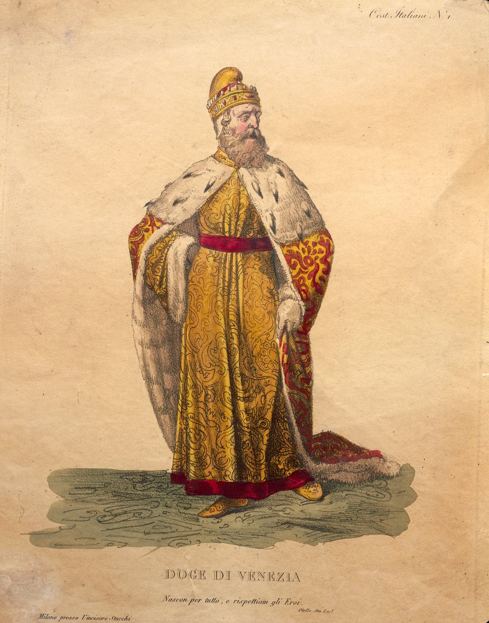 Projekt kostiumu dla doży Wenecji z „Otella” Gioachino Rossiniego (lito ręcznie kolorowane) autorstwa Italian School