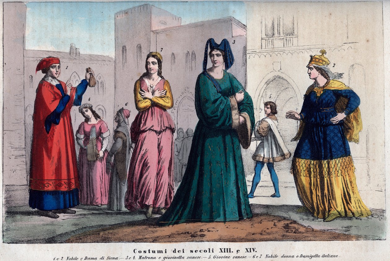 Kostiumy a Siena między XIII a XIV wiekiem - Ubrania w Sienie między XIII a XIV wiekiem - grawer z „Usi e Costumes di All Peoples of the Universe”. To jest historia rządu, praw, milicji, religii wszystkich n autorstwa Italian School