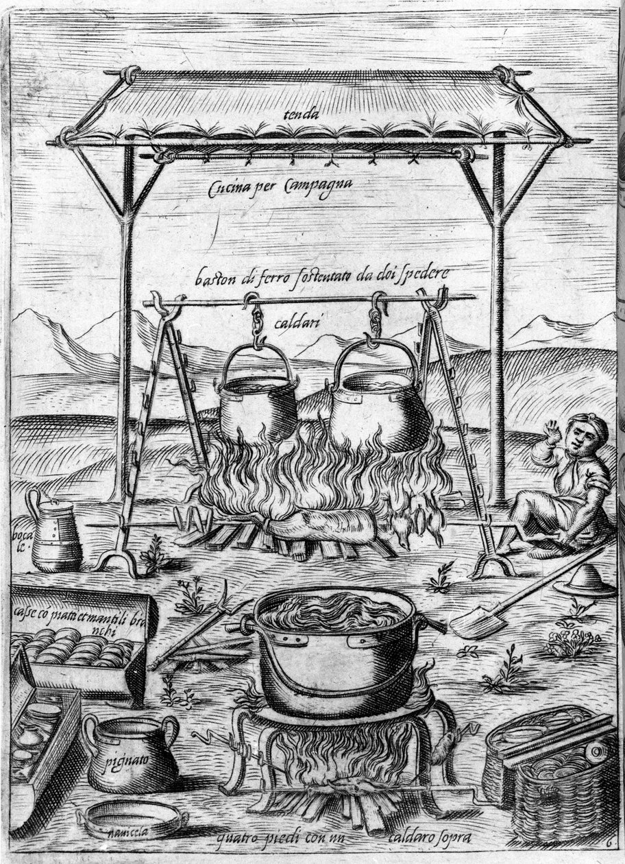 Kuchnia wiejska: podpalane są kotły i garnki. Rycina z „Opery”, księgi gastronomicznej podzielonej na 6 części, autorstwa Bartolomeo Scappi, osobistego kucharza papieża Piusa V. Wenecja autorstwa Italian School