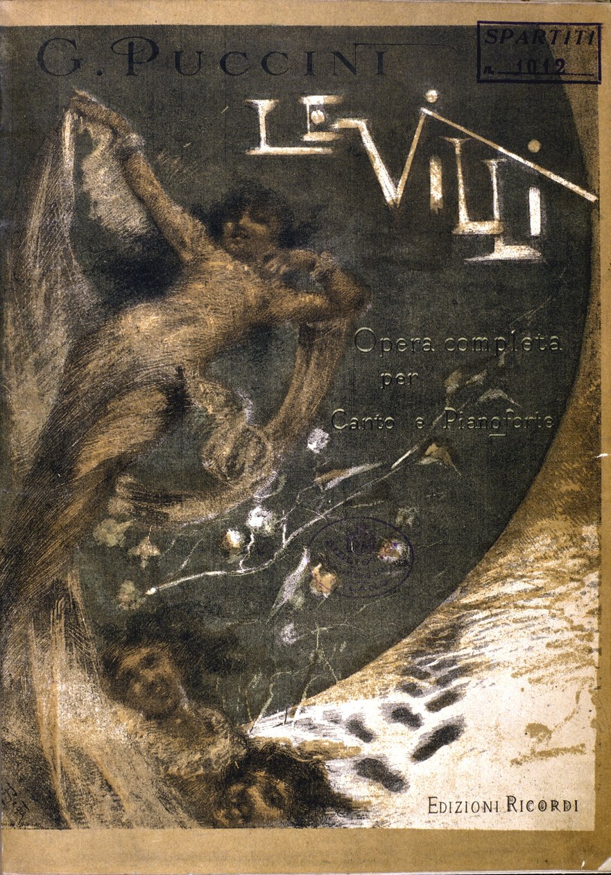 Okładka partytury do „Le Villi” Opery (1884) w dwóch aktach do Pieśni i fortepianu Pucciniego (1858 - 1924). Edycje Ricordiego. autorstwa Italian School