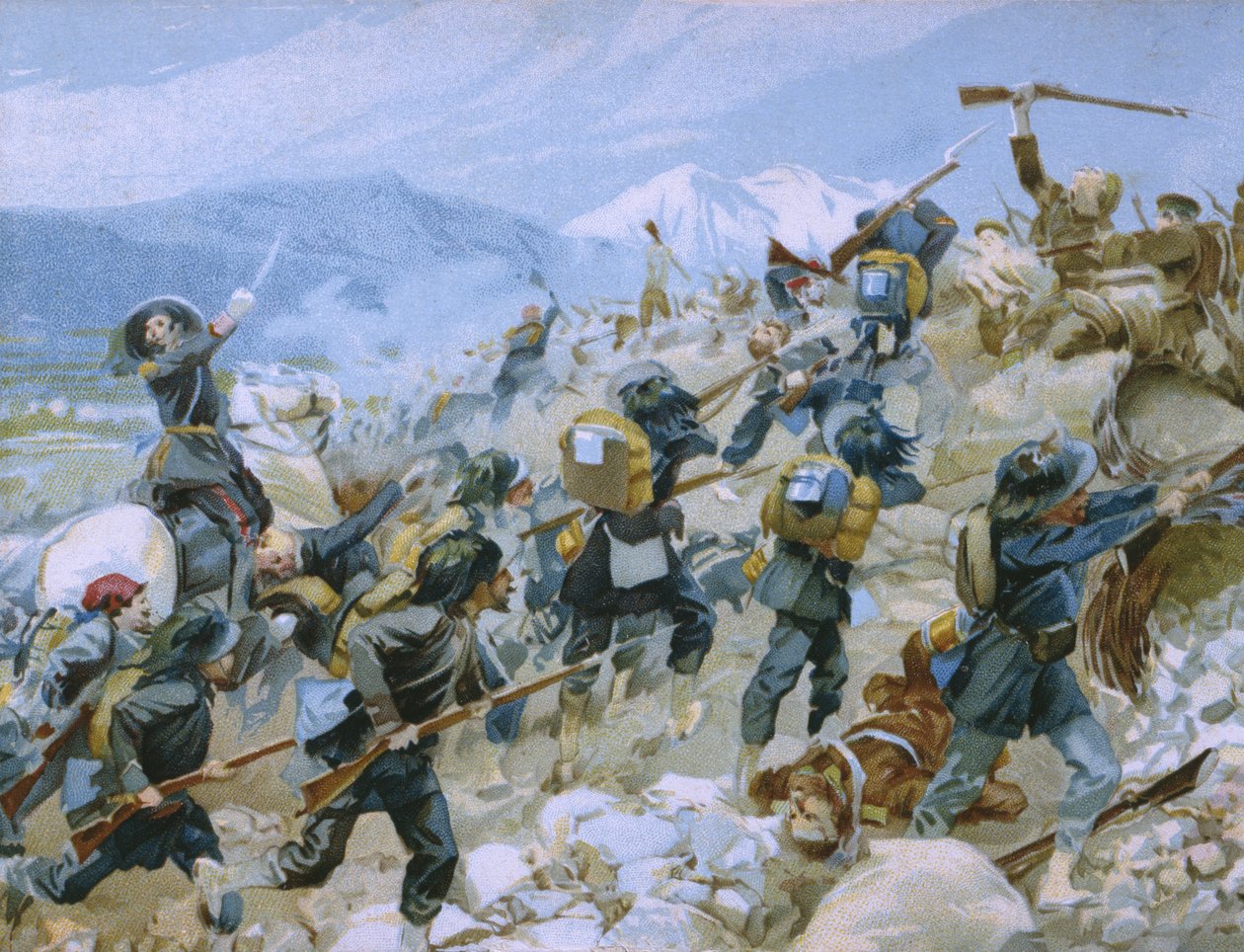 Wojna krymska i bitwa pod Czerną, 16 sierpnia 1855, ilustracja z albumu poświęconego historii Risorgimento wykonanego dla czekoladowego Talmone, koniec XIX w. autorstwa Italian School
