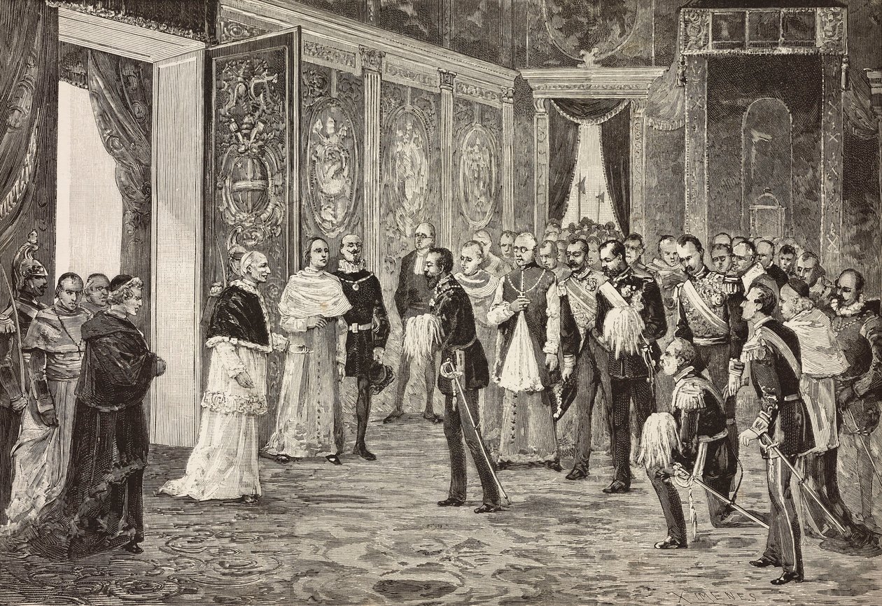 Książę koronny Niemiec (przyszły Fryderyk III) przyjmowany przez papieża Leona XIII w sali tronowej, Watykan, rycina z rysunku Ximenesa ze szkicu Dal Dona, z L