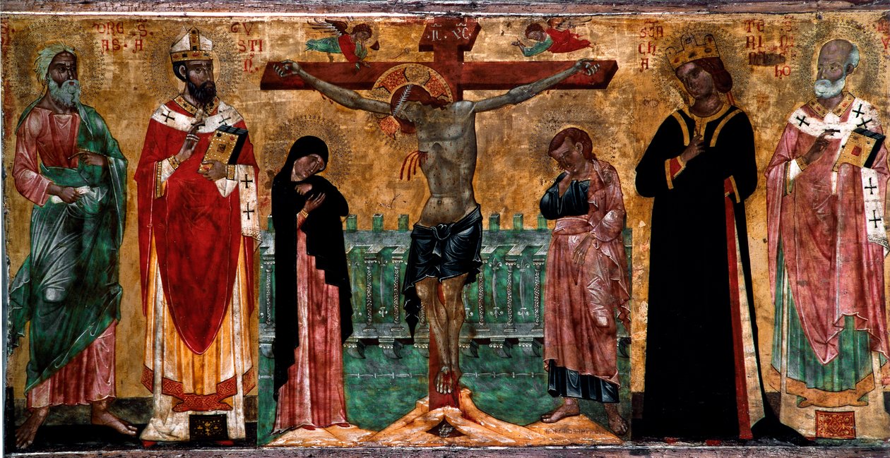 Ukrzyżowanie i święci Obraz na drewnie autorstwa anonimowego artysty szkoły bizantyjskiej Veneto. Ciemny. 61x113 cm Wenecja, Museo Correr, nr. 381 autorstwa Italian School