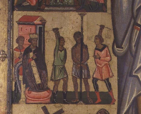 Ukrzyżowanie z Opowieściami Męki: szczegół przedstawiający Biczowanie Chrystusa, Szkoła Lukka (tempera na panelu) autorstwa Italian School