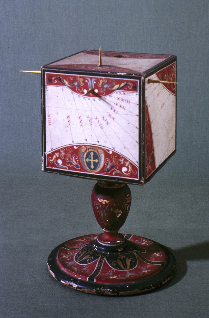 Zegar sześcienny pokazujący czas w starożytnym włoskim, babilońskim i żydowskim systemie godzin, florencki, ok. 1560 (tempera na drewnie) (patrz także 75479) autorstwa Italian School