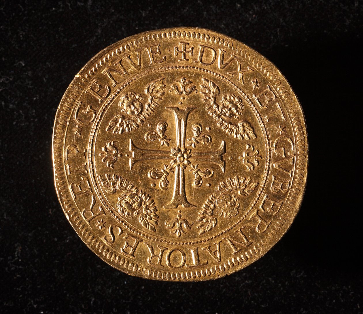 Waluta Republiki Genów: 25 złotych podwójnych monet. Średnica 52,5 mm. 1694. Przód. Muzeum Genów Strada Nuova (inw. 6457) autorstwa Italian School