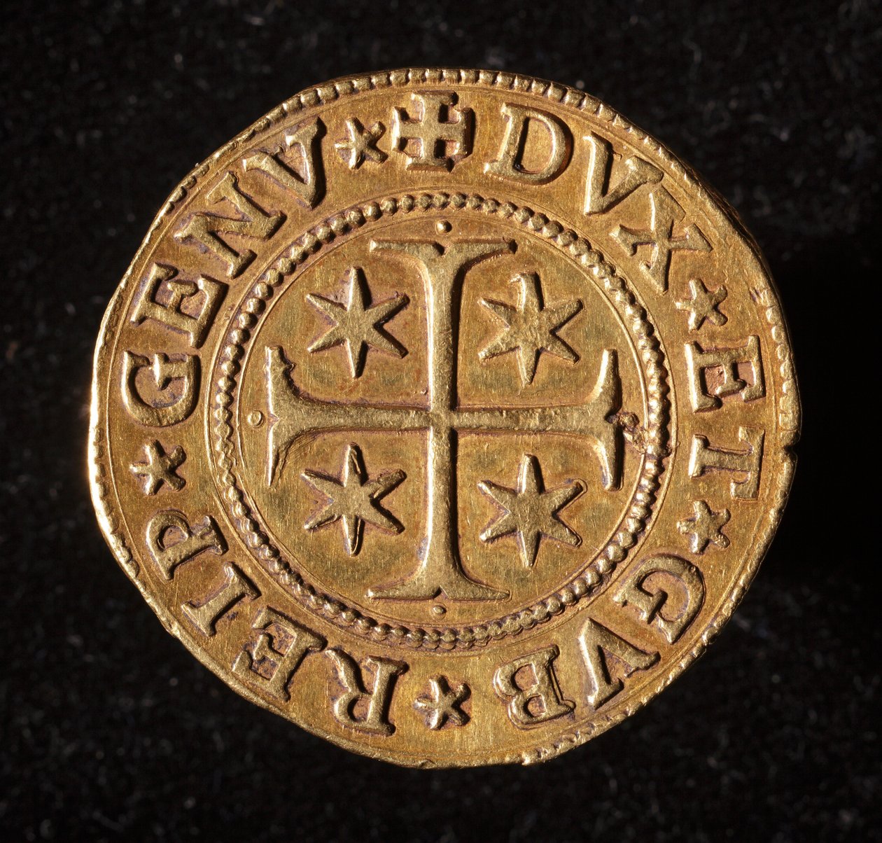 Waluta Republiki Genów: pięć złotych monet podwójnych. Średnica 41 mm. 1642. Przód. Muzea genów Strada Nuova autorstwa Italian School