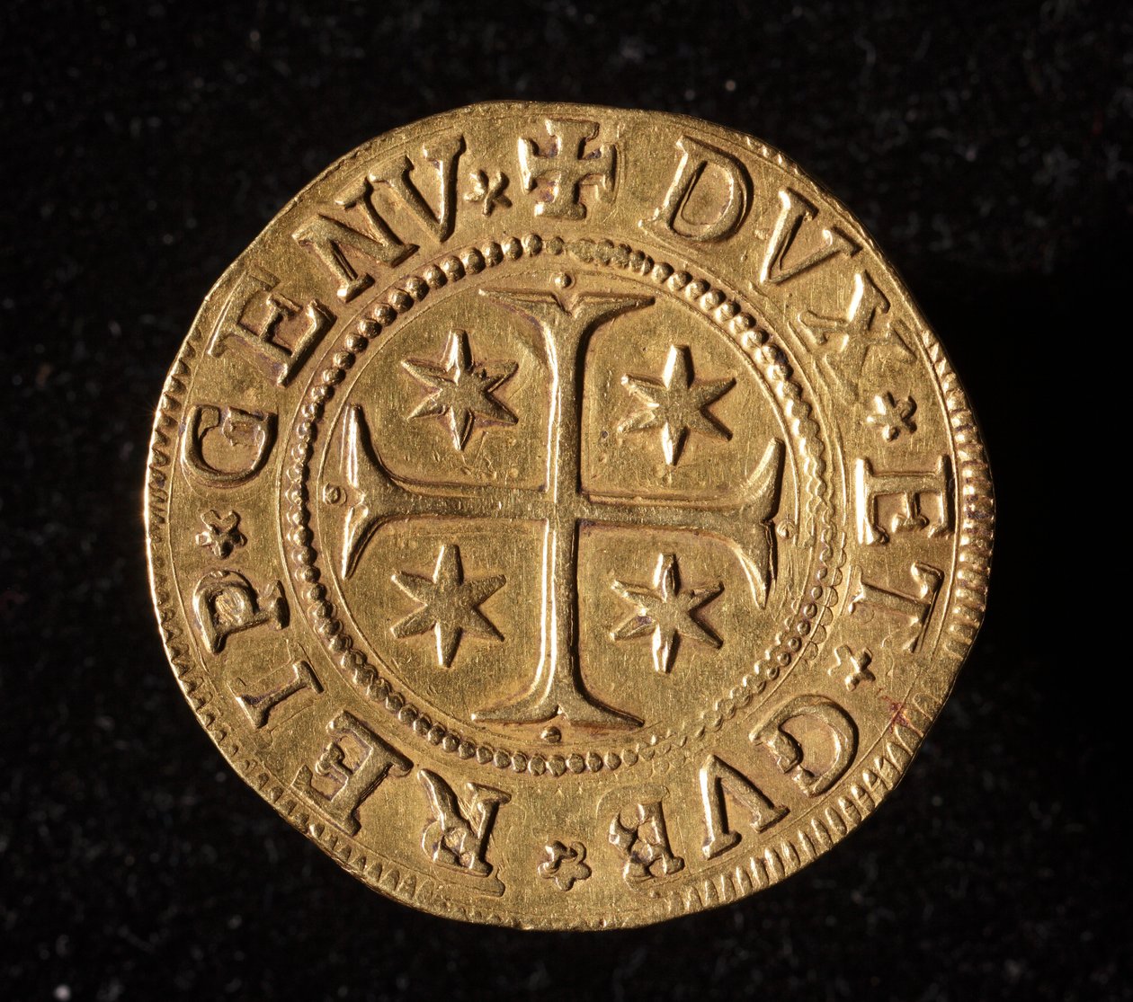 Waluta Republiki Genów: pięć złotych monet podwójnych. Średnica 41 mm. 1652. Przód. Muzea genów Strada Nuova autorstwa Italian School