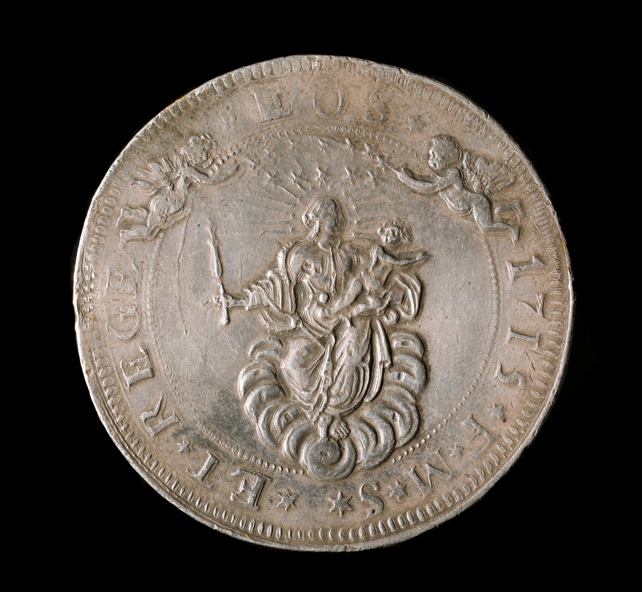 Waluta Republiki Genów: srebrna moneta 6 ecu. Śr. 61,5 mm. 1715. Przód. Genes Musei di Strada Nuova (inv, M7156) autorstwa Italian School