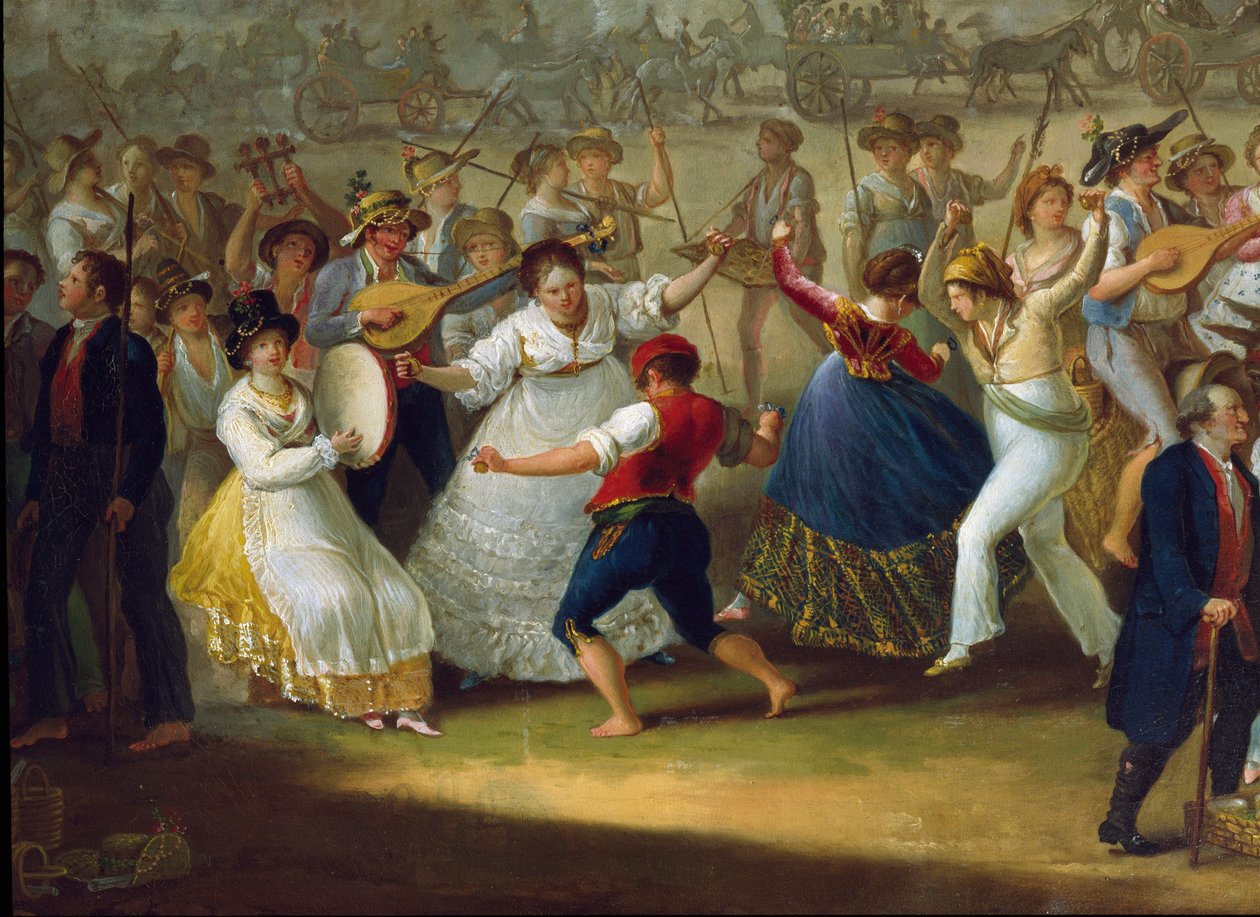 Scena taneczna i popularna impreza w Neapolu Tancerze tarantelli (tarantella, tarantella). Anonimowe malowanie. XVIII-wieczny Neapol, Muzeum Narodowe San Martino autorstwa Italian School