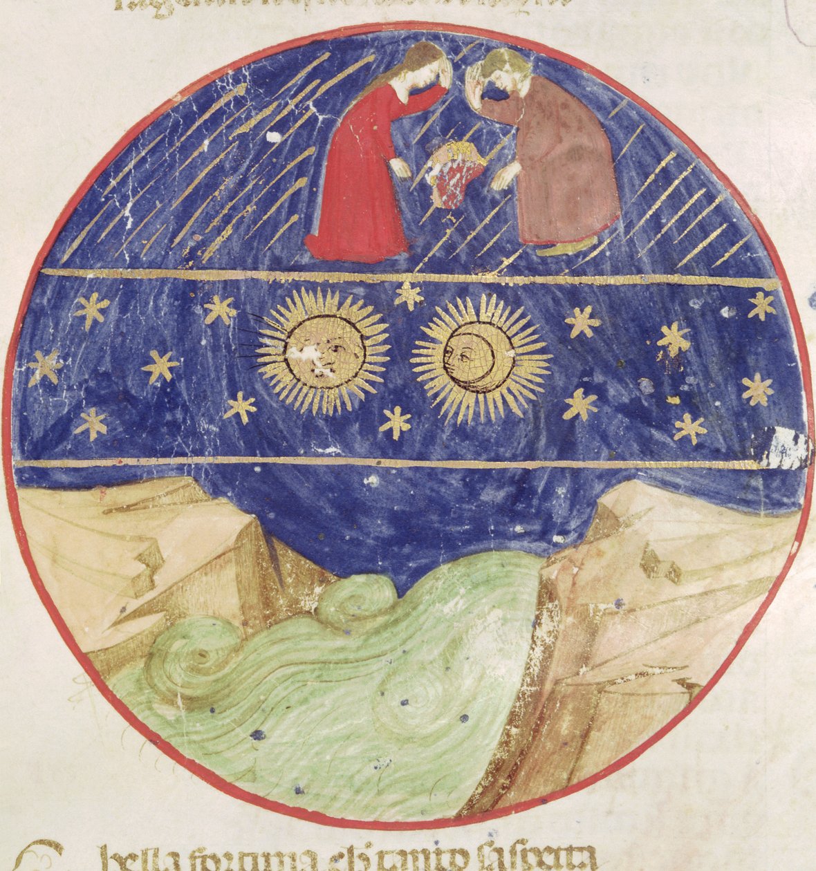 Dante i Beatrice kontemplują znak Bliźniąt, planet i ziemi, z Divina Commedia Dante Alighieri (1265-1321) autorstwa Italian School