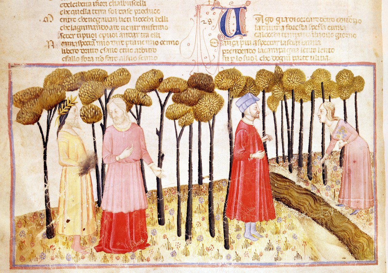 Dante i Virgil (70-19 pne) na szczycie czyśćca, z Boskiej komedii Dantego Alighieri (1265-1321) autorstwa Italian School