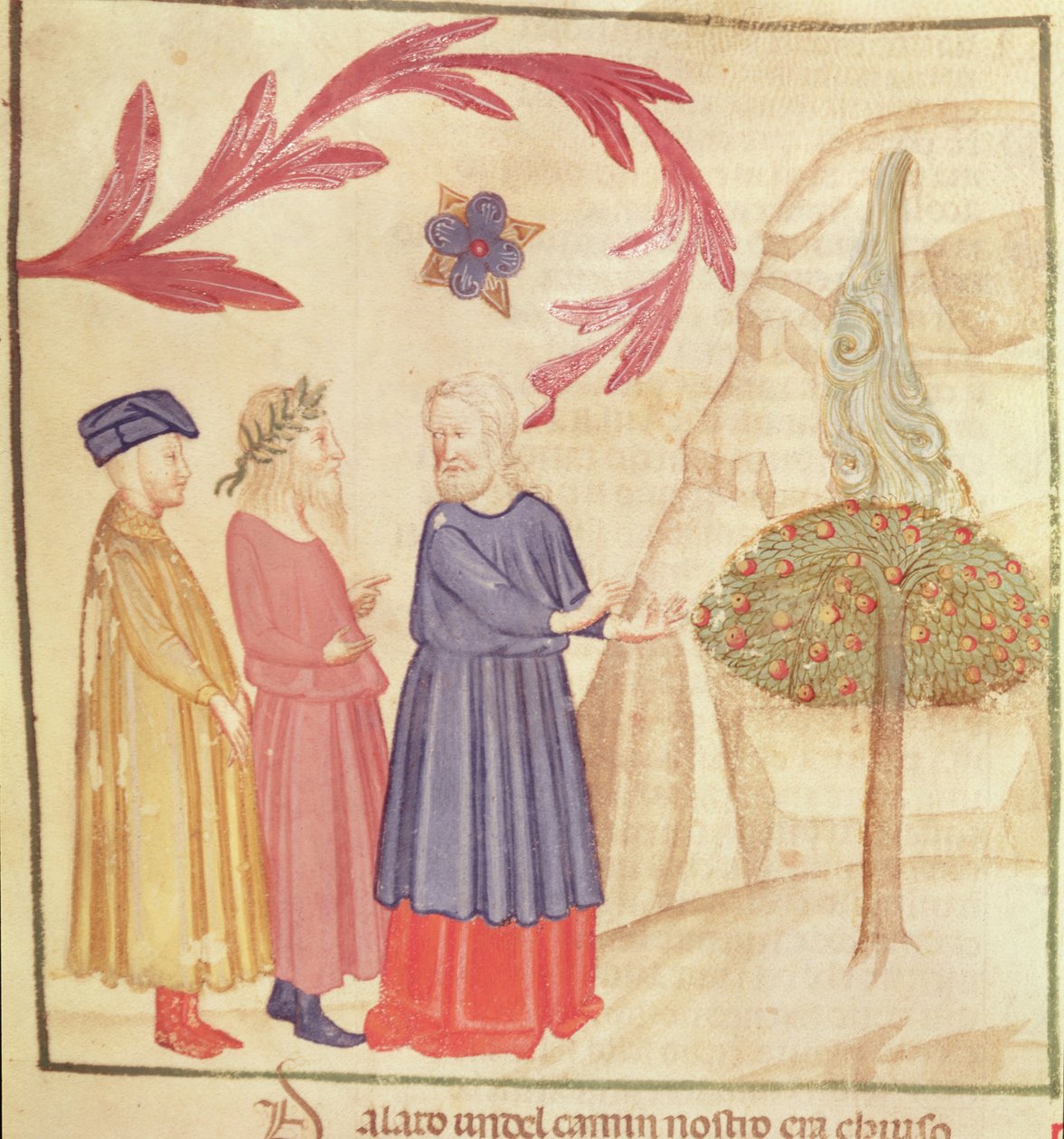 Dante i Virgil (70-19 pne) w ziemskim raju, z Boskiej komedii Dantego Alighieri (1265-1321) autorstwa Italian School