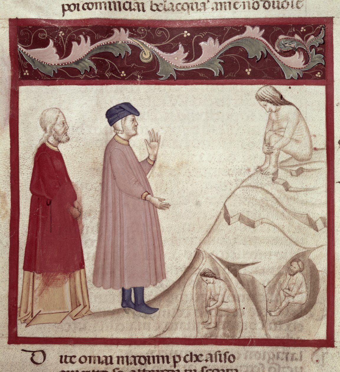 Dante i Virgil (70-19 pne) spotykają dusze uwięzione w skałach, z Boskiej komedii Dantego Alighieri (1265-1321) autorstwa Italian School