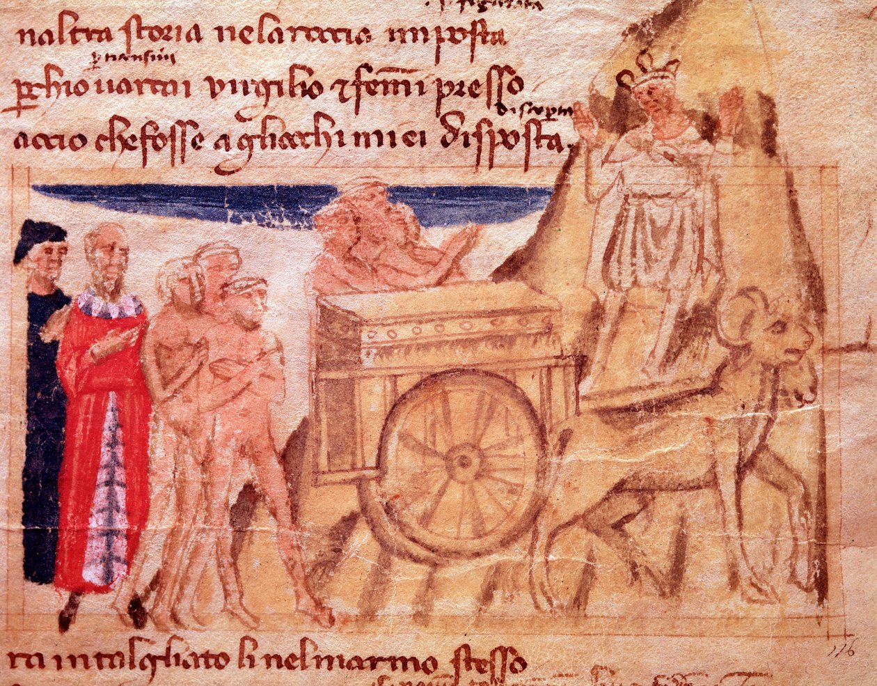 Dante i Wergiliusz oraz rydwan i woły ciągnące Arkę (piosenka X z Czyśćca, w Boskiej Komedii) - miniatura autorstwa Italian School