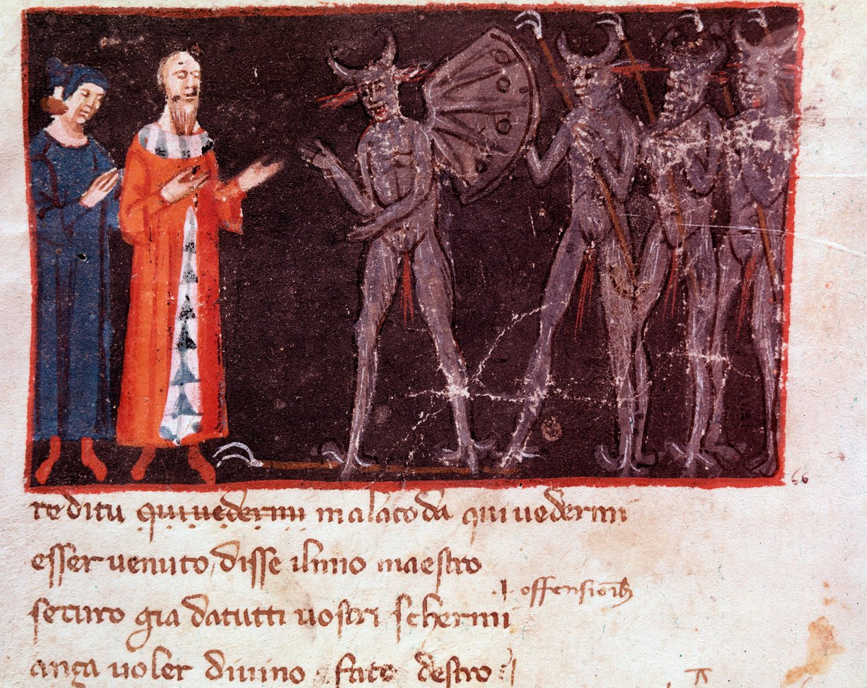 Dante i Virgil rozmawiają z Malacodą, dowódcą szwadronów Malebranche (pieśń 21 z piekła, w Boskiej Komedii) - miniatura autorstwa Italian School