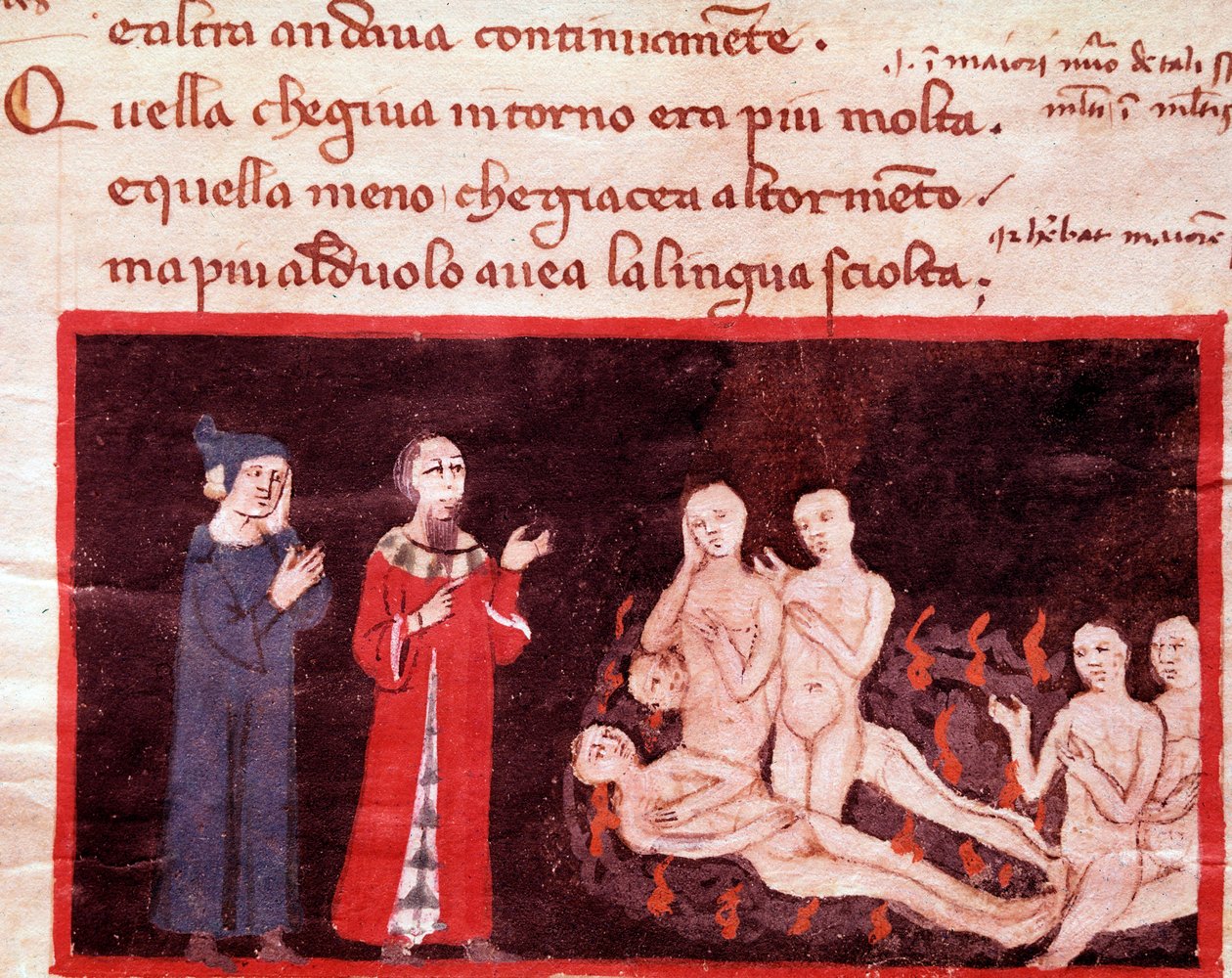 Dante et Virgil w otoczeniu brutali (pieśń 14 z piekła w Boskiej Komedii) - miniatura XIV w. autorstwa Italian School