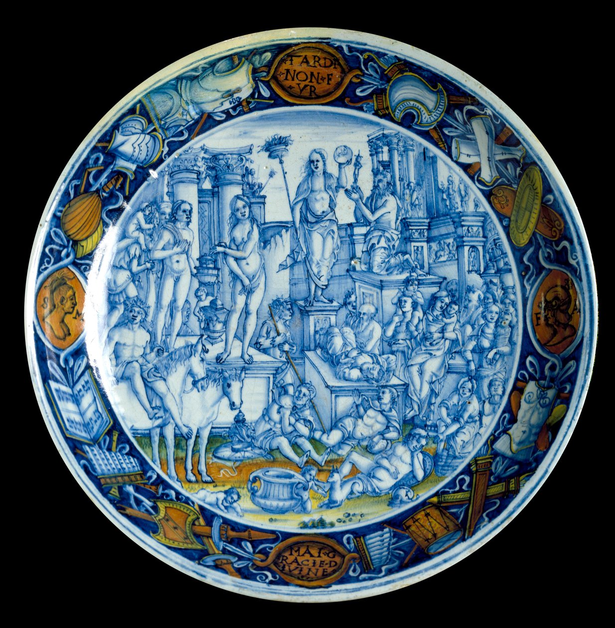 Talerz Decoree przedstawiający alegorię Selene, bogini księżyca w mitologii greckiej. Z Faenzy około 150. Florencja Musee du Bargello. (Florencja, Muzeum Narodowe Bargello) autorstwa Italian School