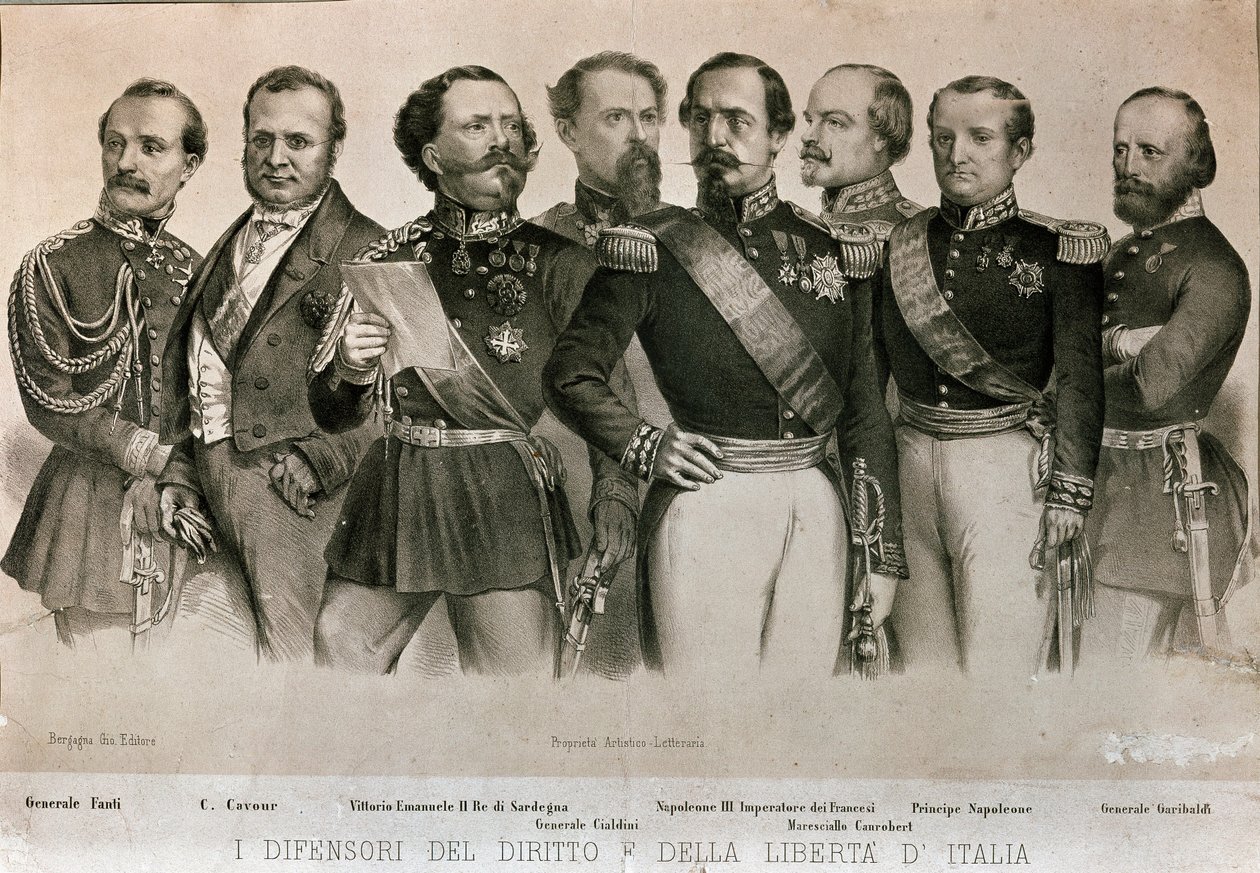 Generał Manfredo Fanti (1806-1855), Camillo Benso, hrabia Cavour (1810-1861), król Sardynii Vittorio Emanuele II (Victor Emmanuel) (Victor Emmanuel), generał Henry Cialdini (1811-1892), E autorstwa Italian School