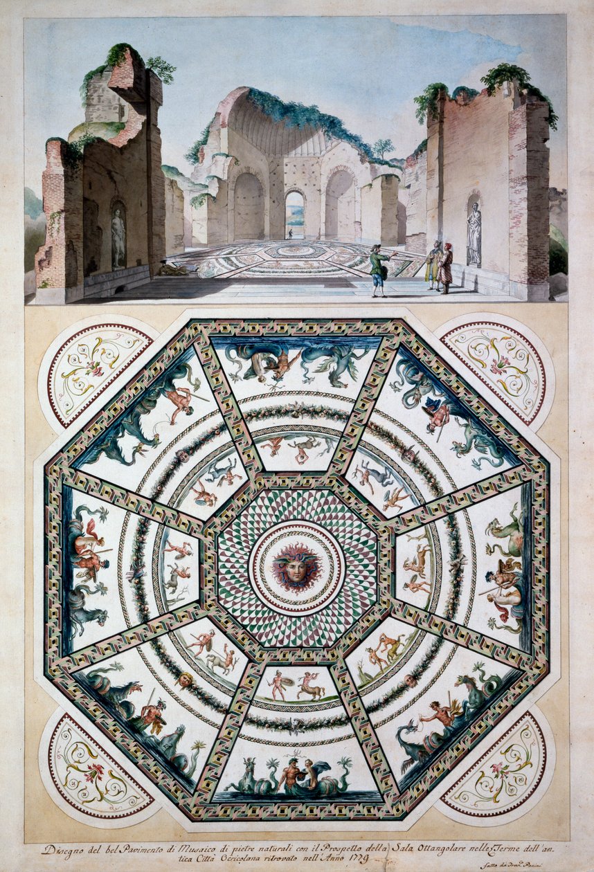 Projekt ośmiokątnej mozaiki podłogowej, 1779 (pióro i atrament oraz toaleta na papierze) autorstwa Italian School