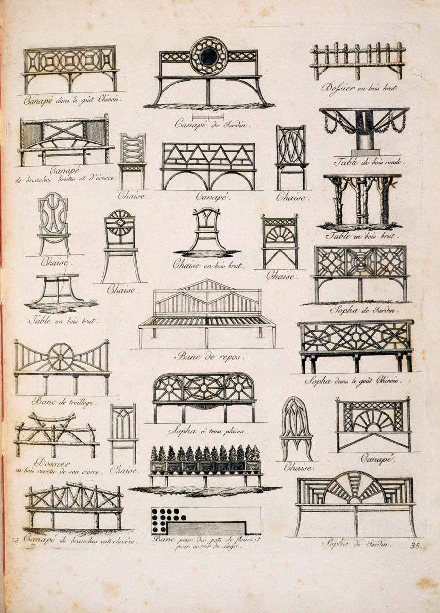 Projekty siedzisk ogrodowych z Kompendium rysunków autorstwa J.G. Grohmanna, opublikowano 1805 autorstwa Italian School