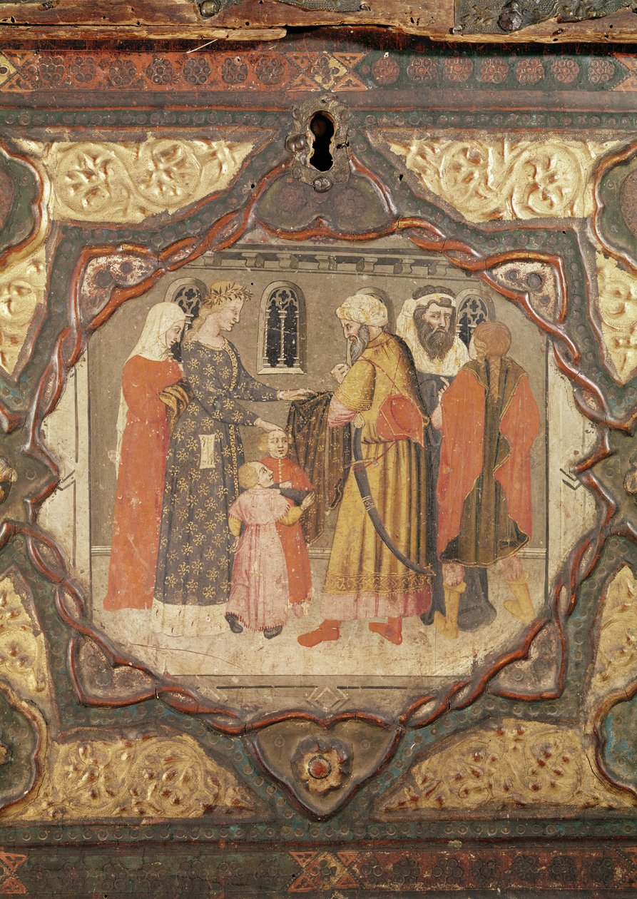 Fragment kasetonu przedstawiający historię Saladyna i Torella z Istrii, autorstwa Giovanniego Boccaccio (tempera na panelu) (patrz także 444280-81) autorstwa Italian School
