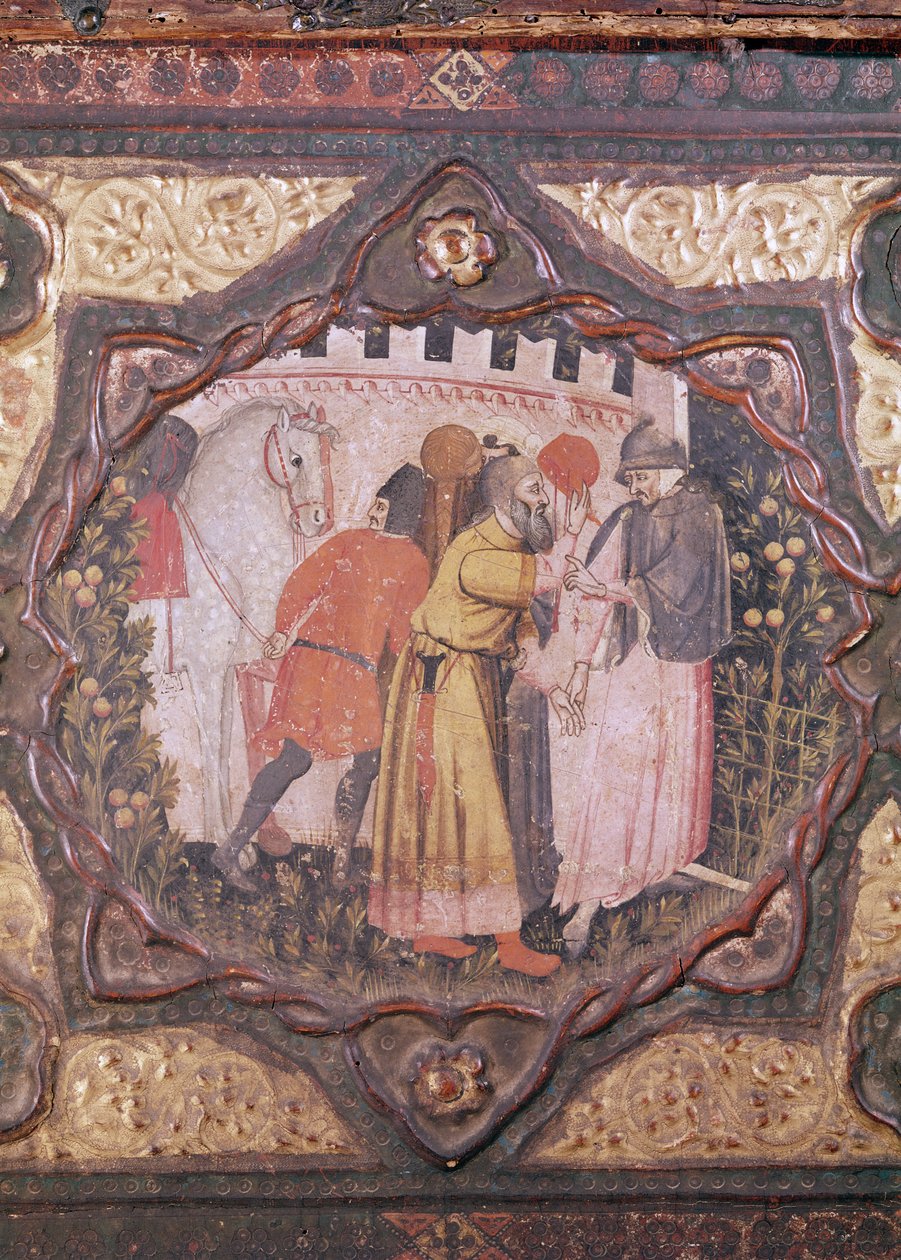 Fragment kasetonu przedstawiający historię Saladyna i Torella z Istrii, autorstwa Giovanniego Boccaccio (tempera na panelu) (patrz także 444281-82) autorstwa Italian School