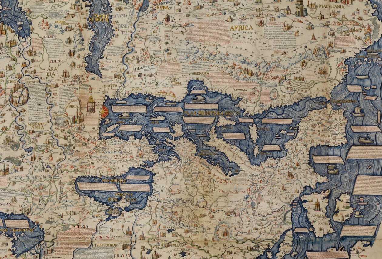 Fragment Morza Śródziemnego, od Add. 11267 „Duża planisfera lub mapa świata” z 1459, autorstwa Mauro Frau autorstwa Italian School