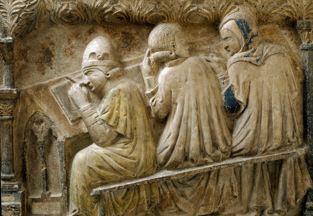 Detal przedstawiający uczniów podążających za kursem Bonifacio Galluzzi (płyta nagrobna, ok. 1346) autorstwa Italian School